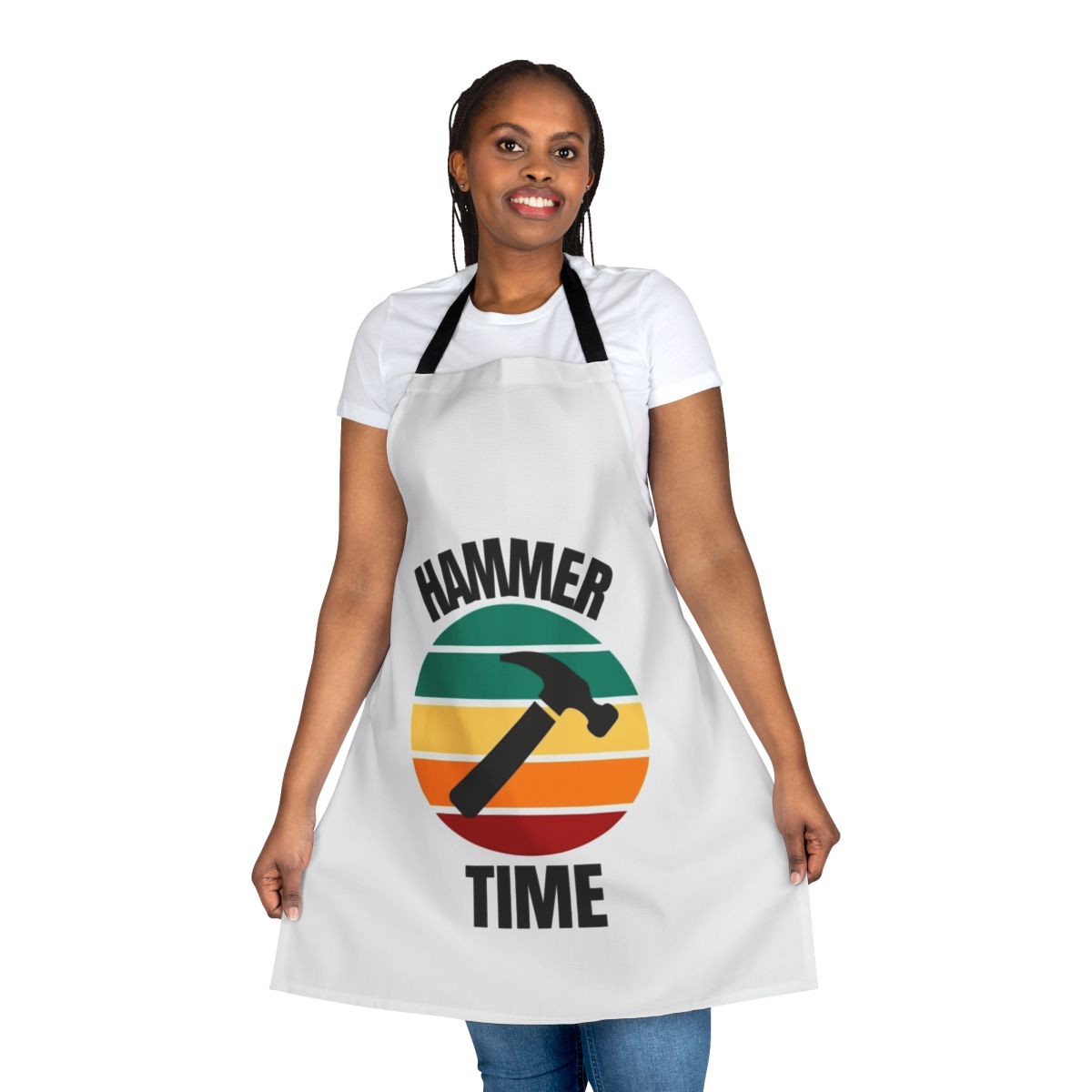 A carpenter's work apron featuring a hammer, screwdriver, and other tools.