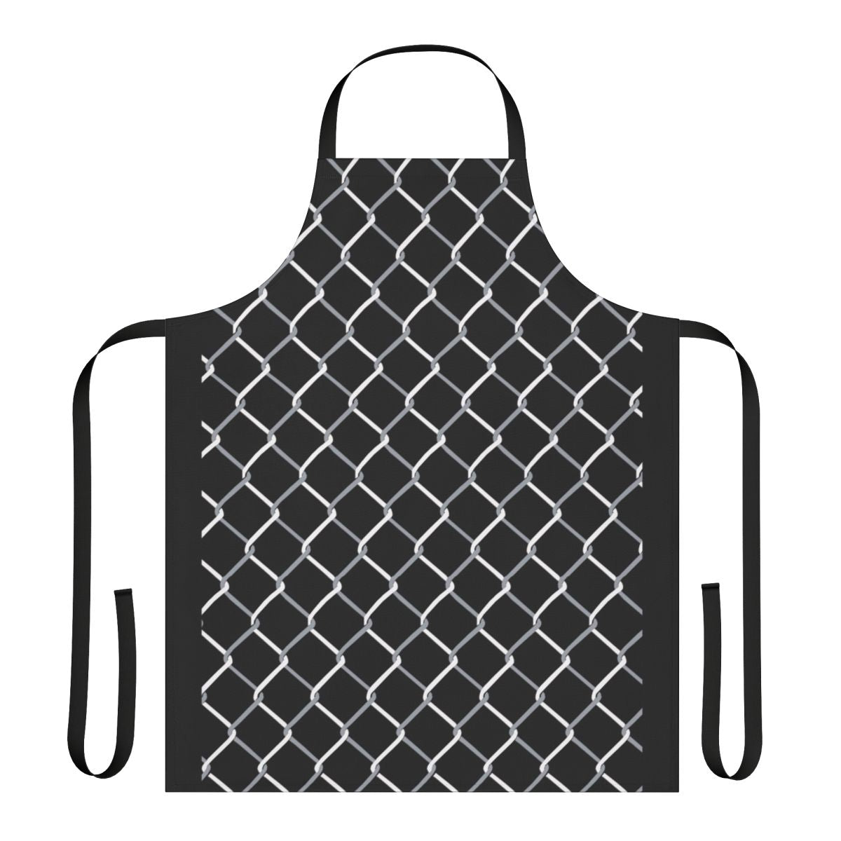 A black and white apron featuring a chain link fence pattern, perfect for industrial or home use.