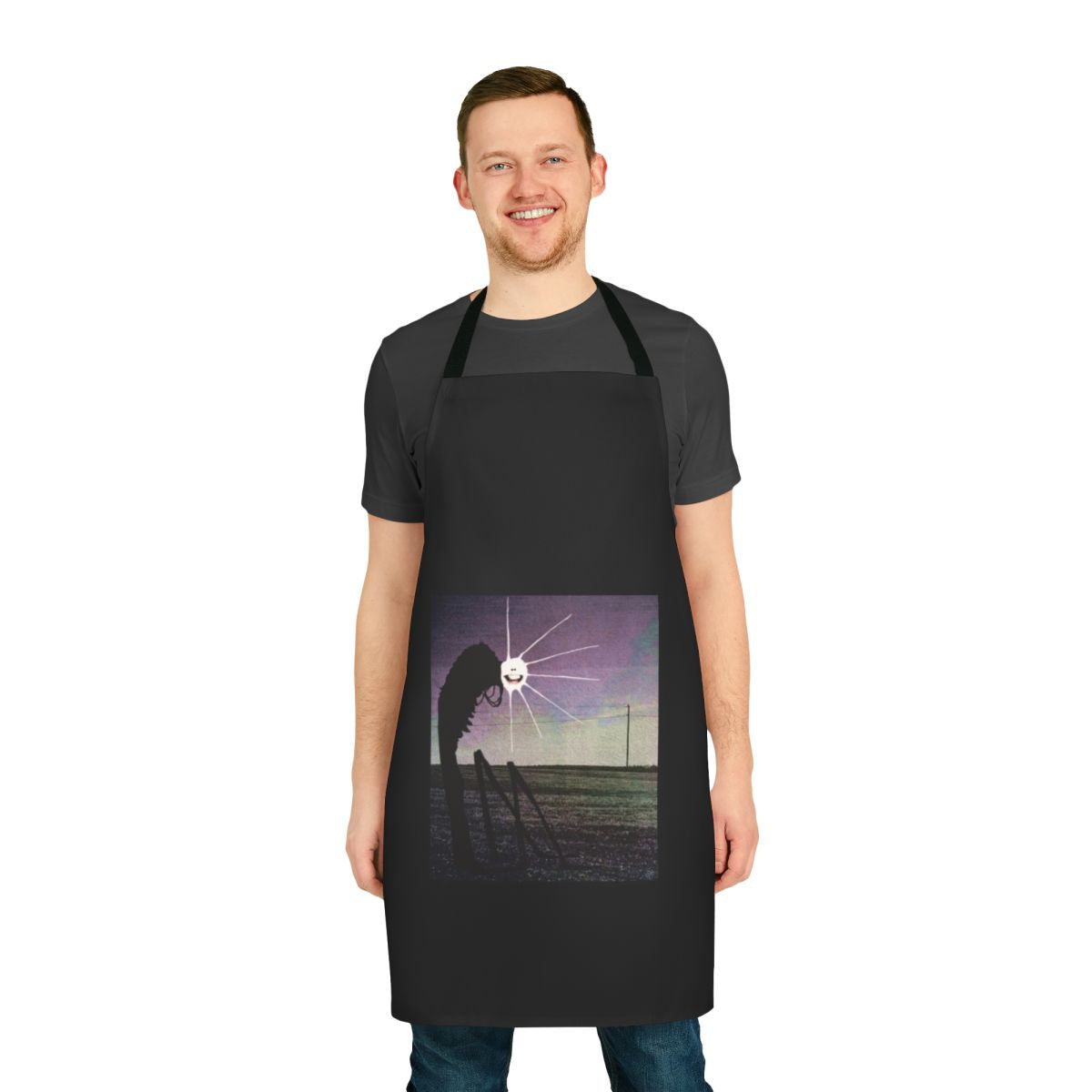 Person wearing a durable, highway-inspired apron while cooking in the kitchen