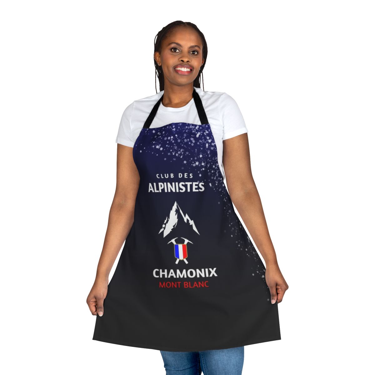Mountaineering-inspired apron with Chamonix and Mont Blanc design