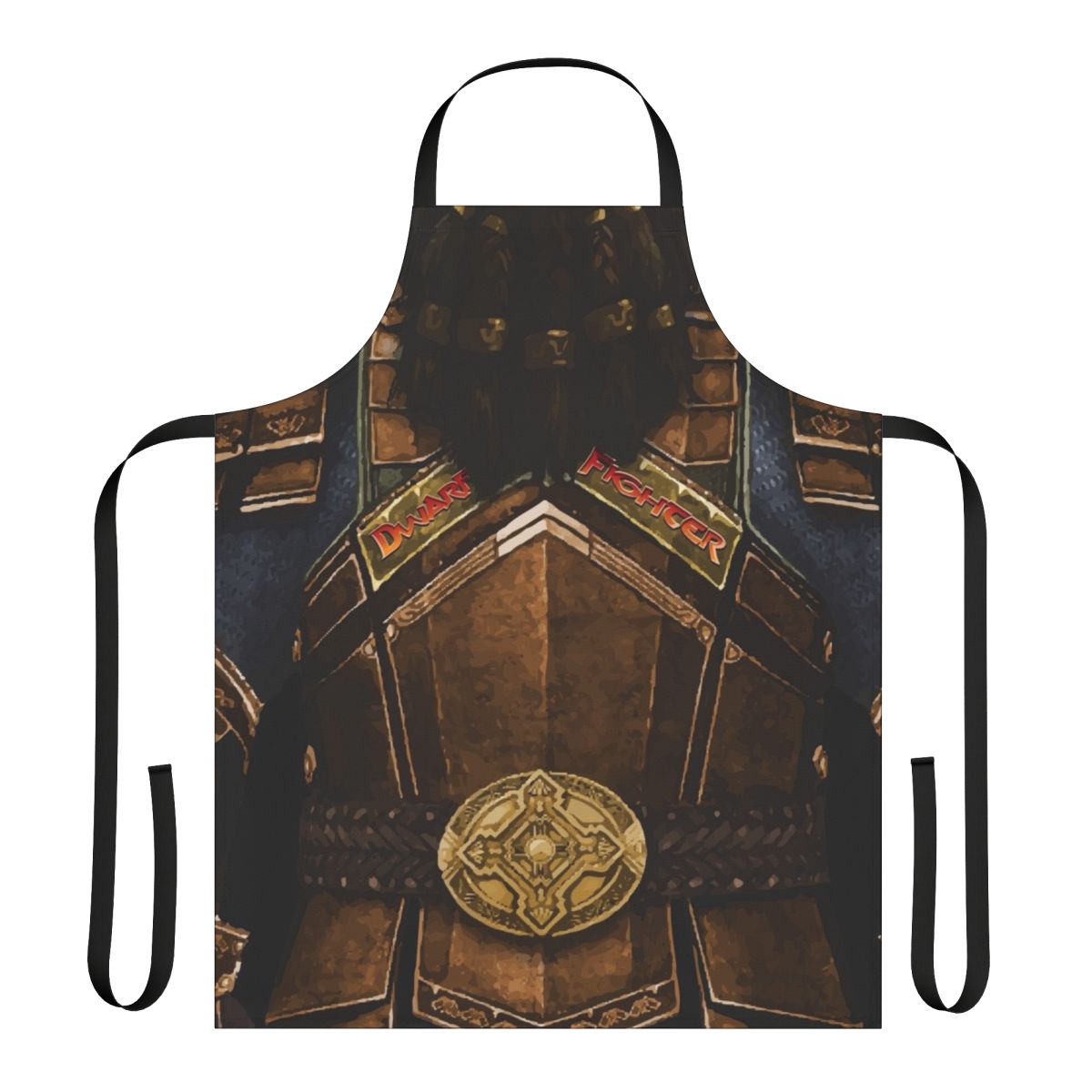 A durable apron featuring a dwarf fighter design, perfect for RPG enthusiasts and fantasy-themed kitchen activities.