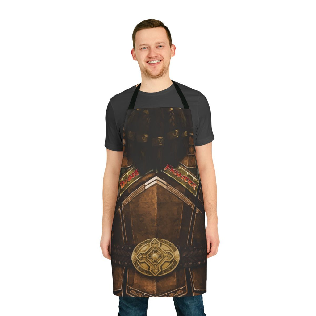 A durable apron featuring a dwarf fighter design, perfect for RPG enthusiasts and fantasy-themed kitchen activities.