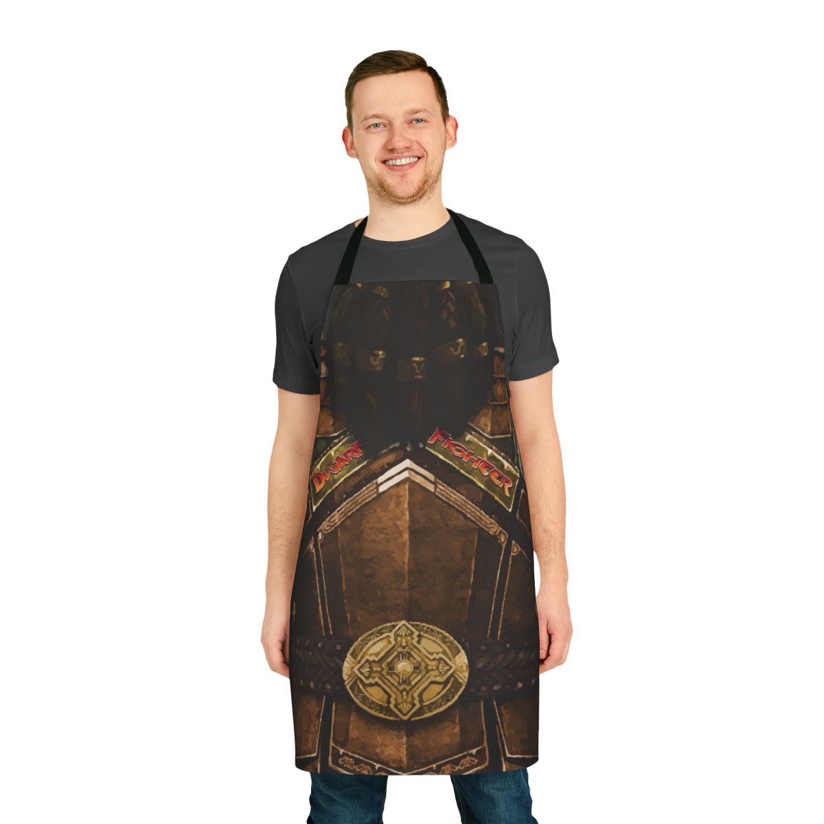 A durable apron featuring a dwarf fighter design, perfect for RPG enthusiasts and fantasy-themed kitchen activities.