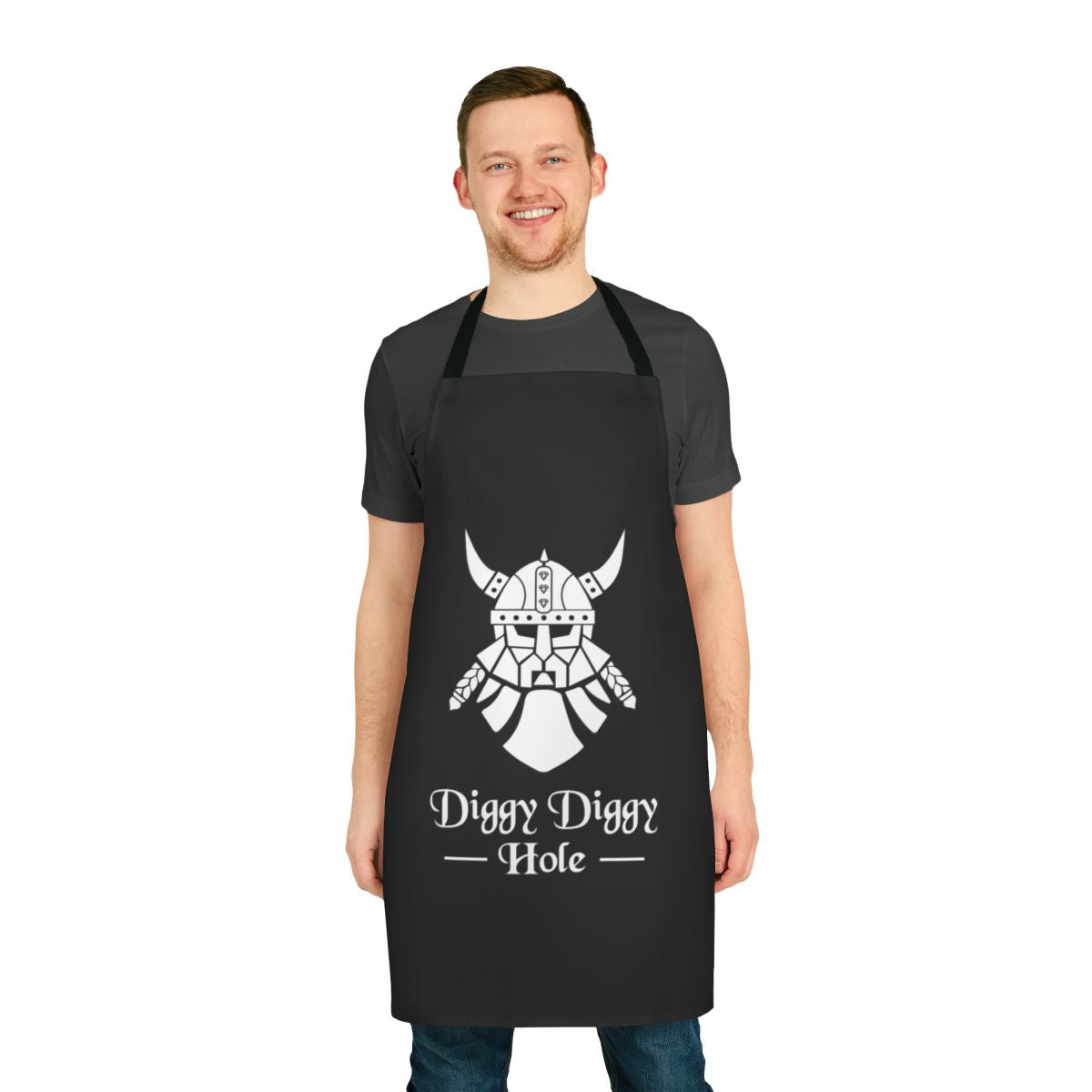 White apron with dwarf-themed graphics, perfect for fantasy roleplay and costume parties.