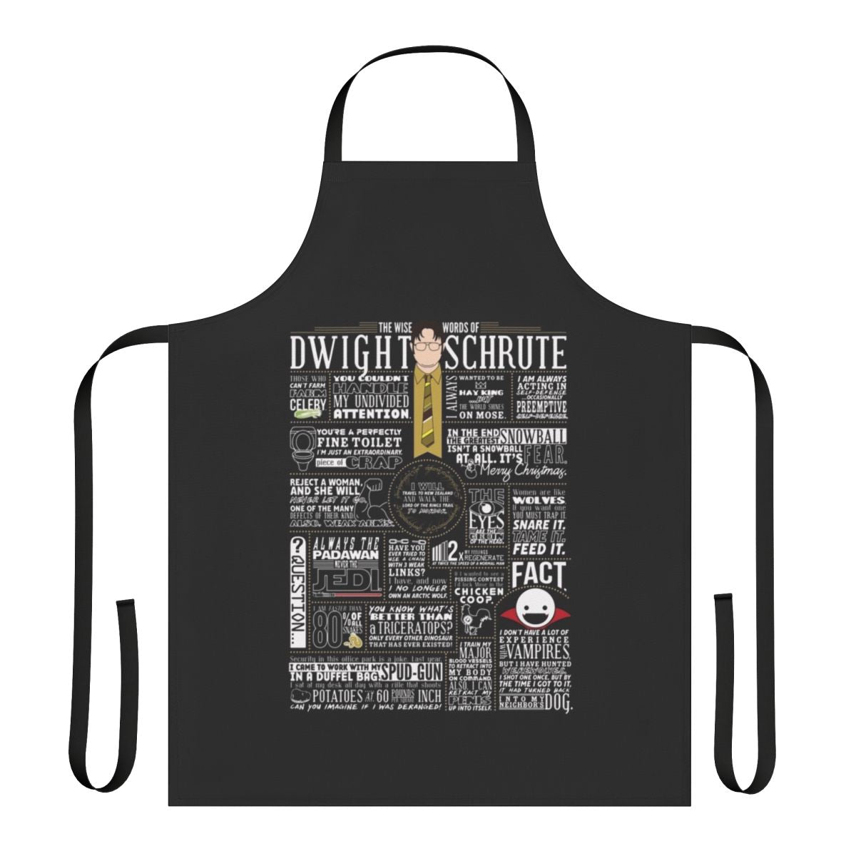 Dark tee apron with "The Wise Words of Dwight Schrute" text and Dwight Schrute from The Office TV show