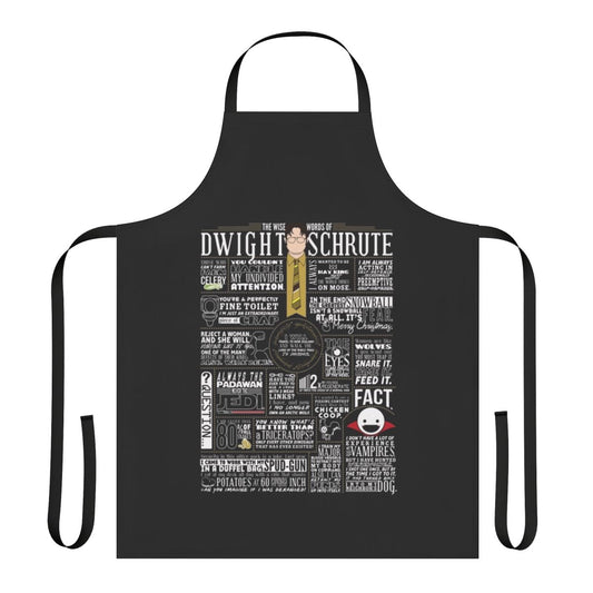 Dark tee apron with "The Wise Words of Dwight Schrute" text and Dwight Schrute from The Office TV show