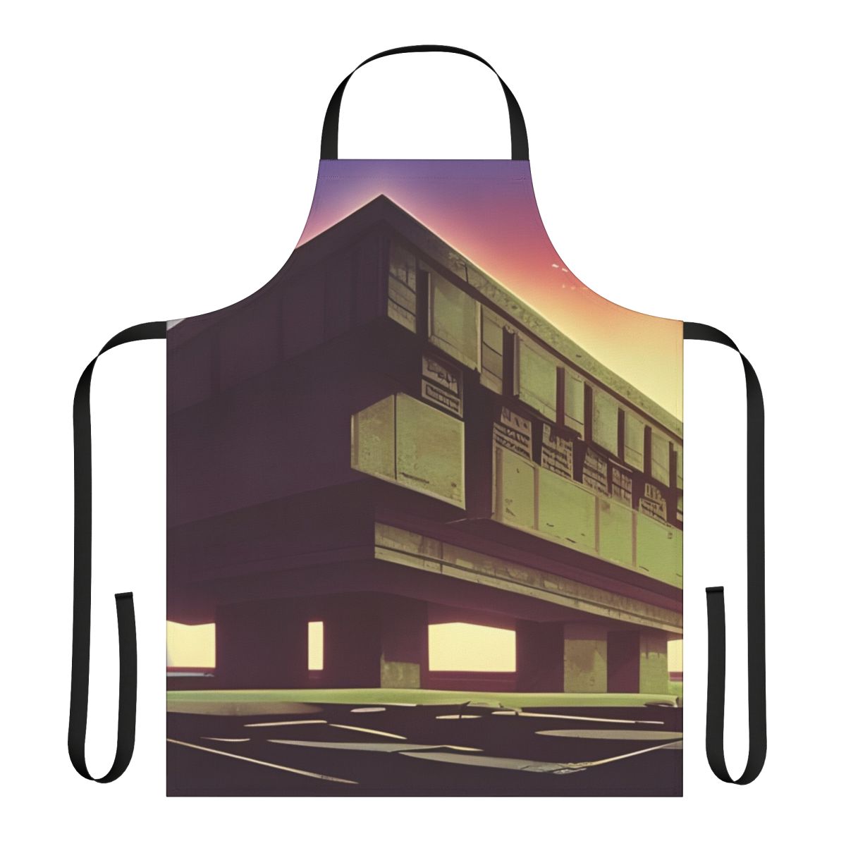 Dystopian desert neon brutalist apron with futuristic synthwave design