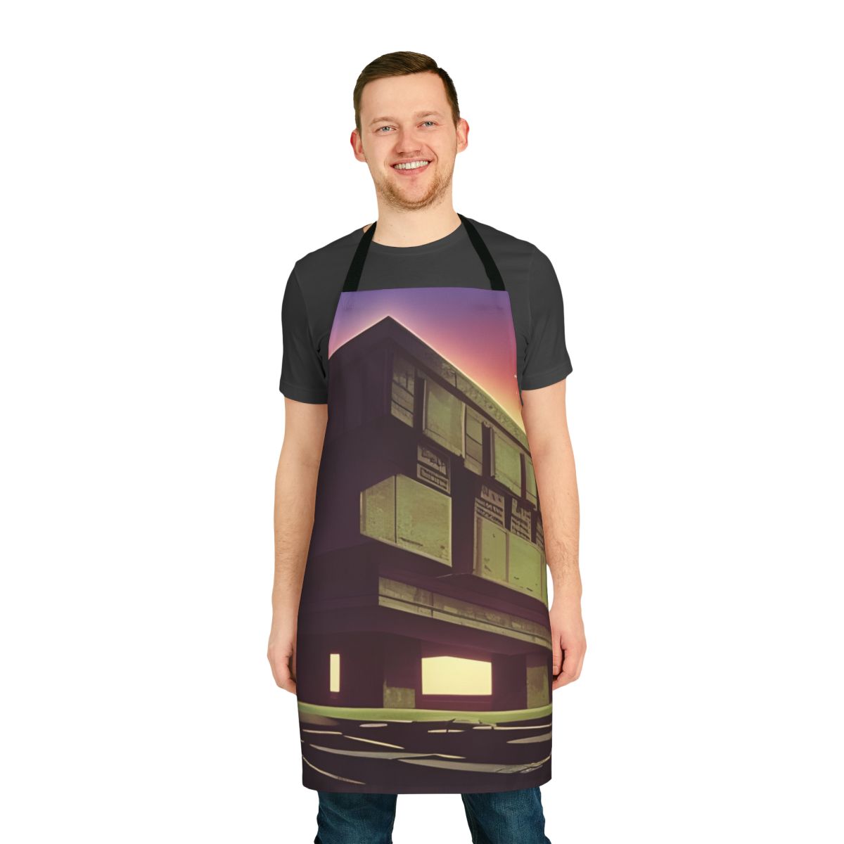 Dystopian desert neon brutalist apron with futuristic synthwave design