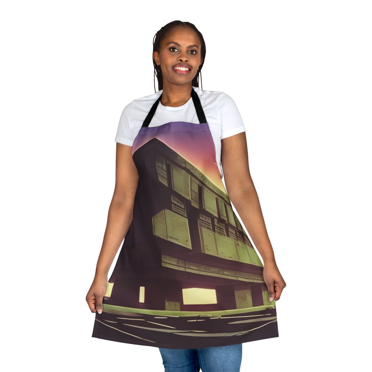 Dystopian desert neon brutalist apron with futuristic synthwave design