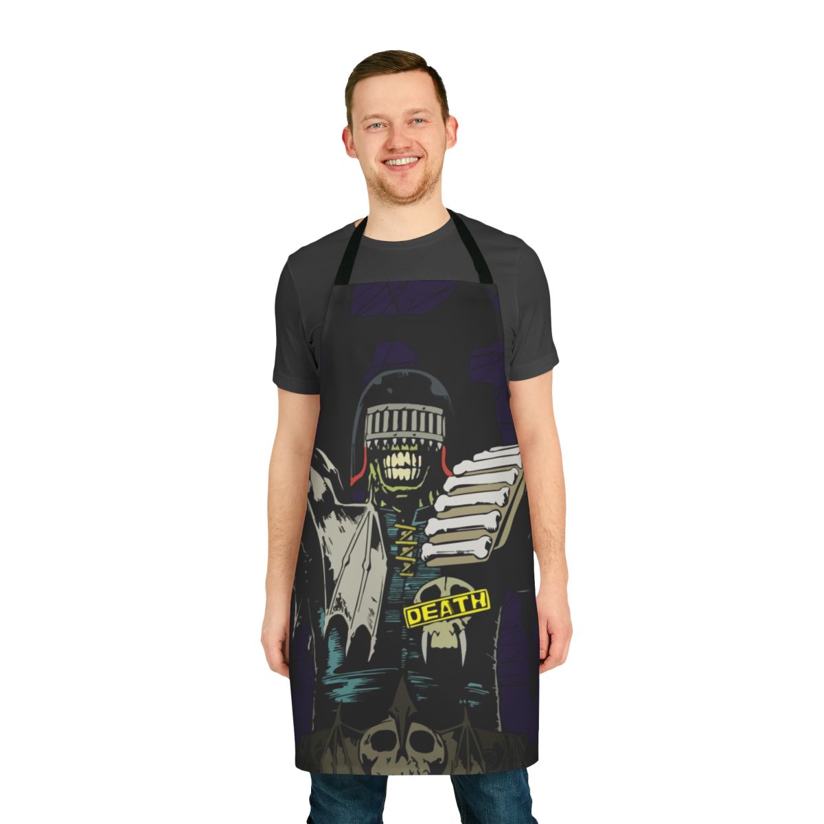 Dystopian Judge Death Inspired Apron with "Judge Death Has Come For You" Text