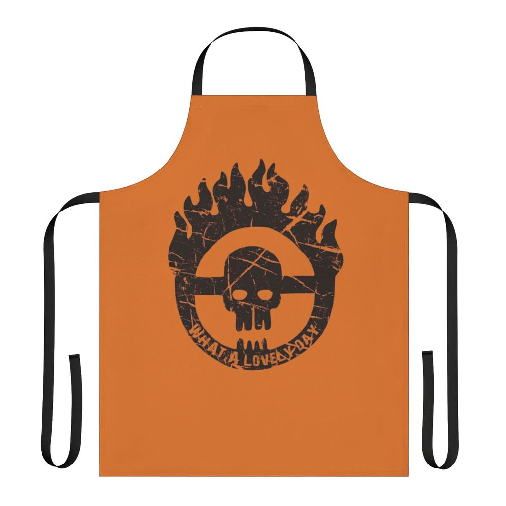 Faded, vintage-style apron with post-apocalyptic, dystopian design inspired by the Mad Max: Fury Road movie