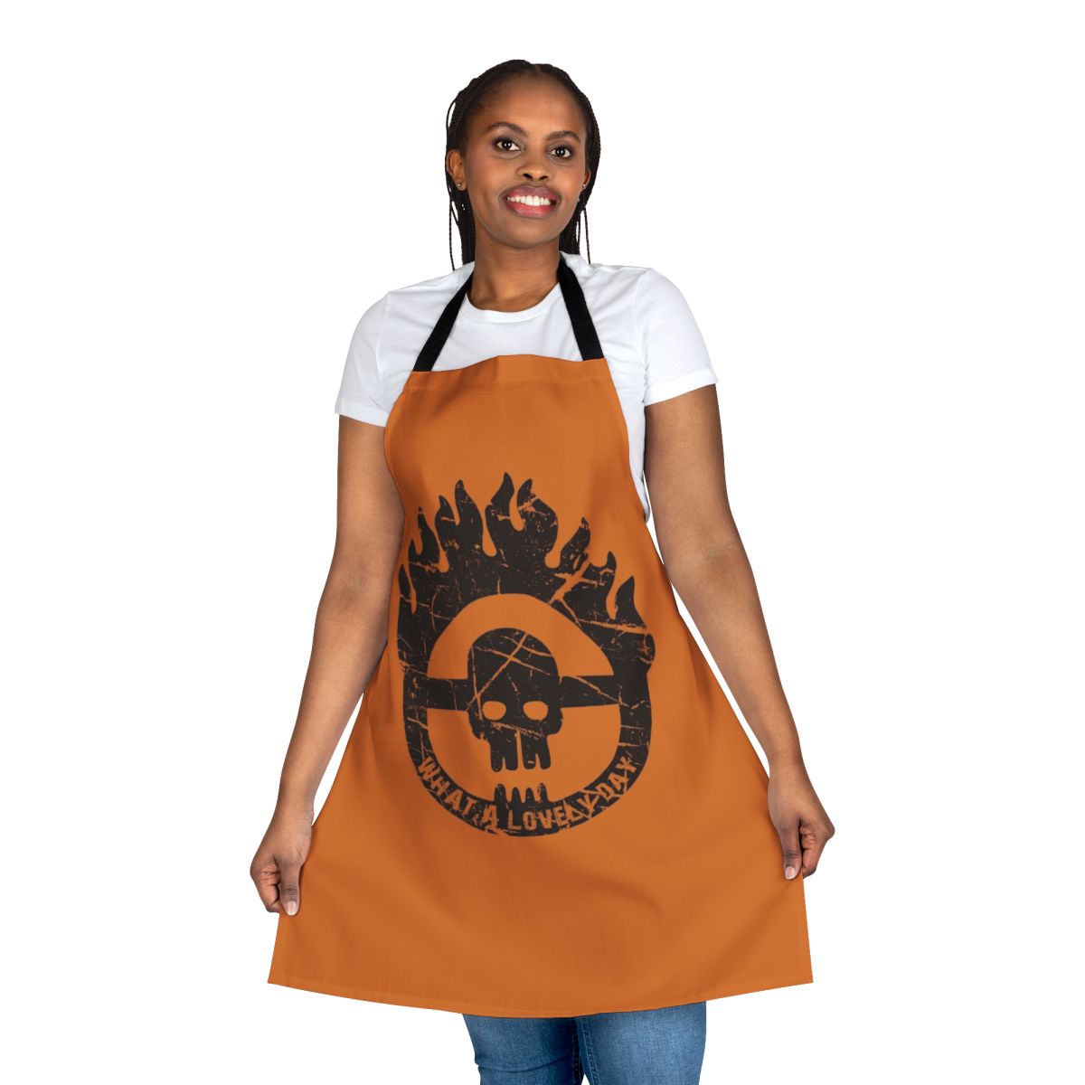 Faded, vintage-style apron with post-apocalyptic, dystopian design inspired by the Mad Max: Fury Road movie