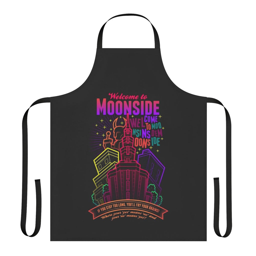 An Earthbound-inspired apron featuring a design inspired by the iconic Moonside location from the SNES game.