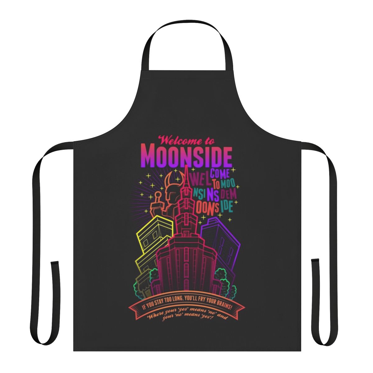 An Earthbound-inspired apron featuring a design inspired by the iconic Moonside location from the SNES game.