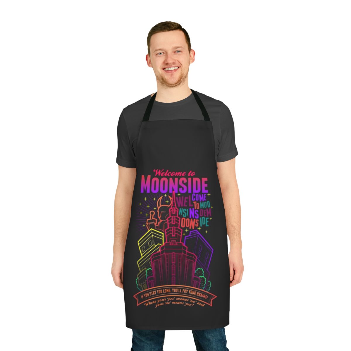 An Earthbound-inspired apron featuring a design inspired by the iconic Moonside location from the SNES game.