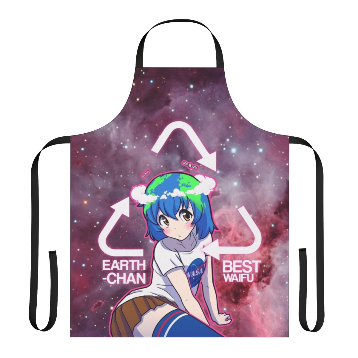 Cute anime-inspired apron featuring an earth-themed design for eco-conscious cooking and baking