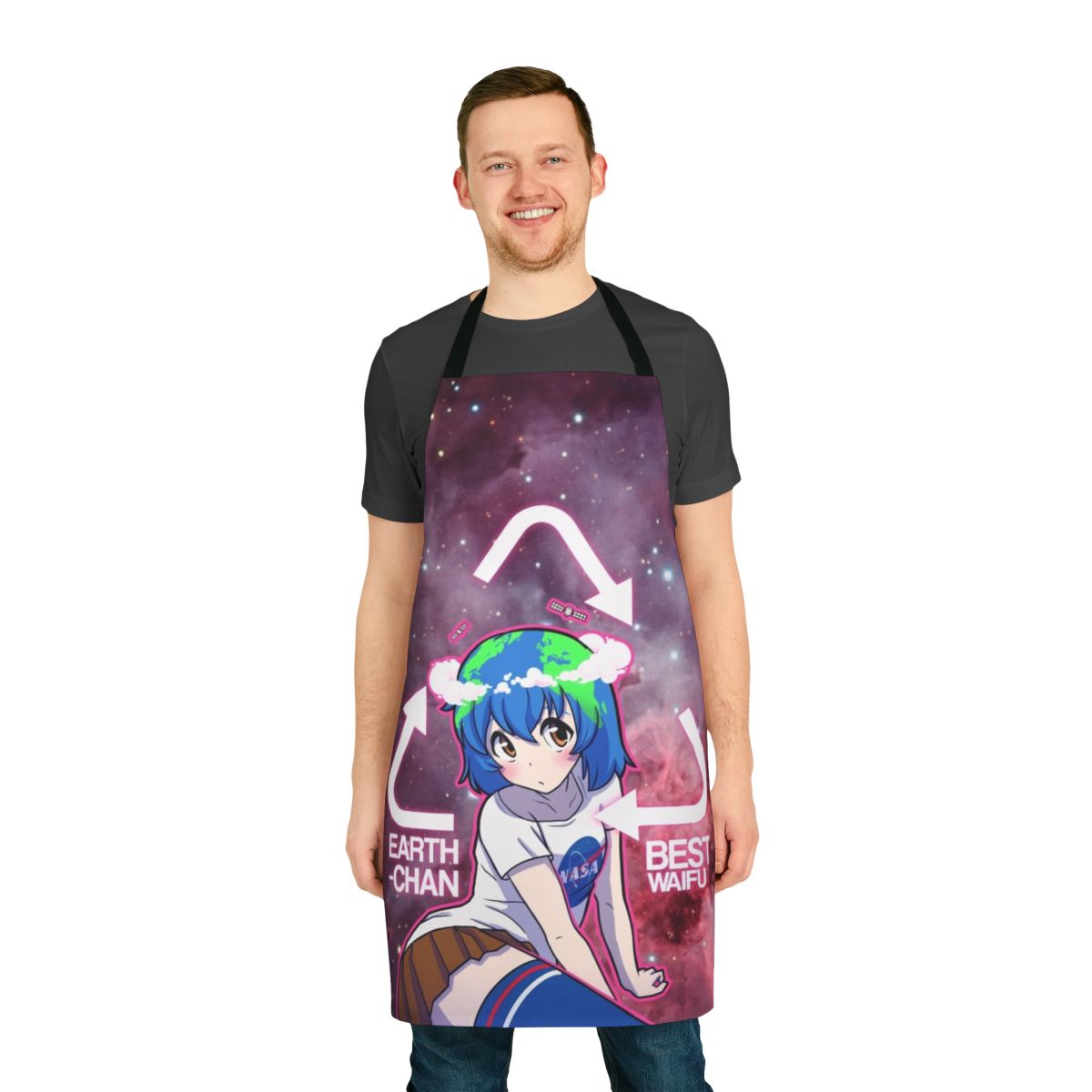 Cute anime-inspired apron featuring an earth-themed design for eco-conscious cooking and baking