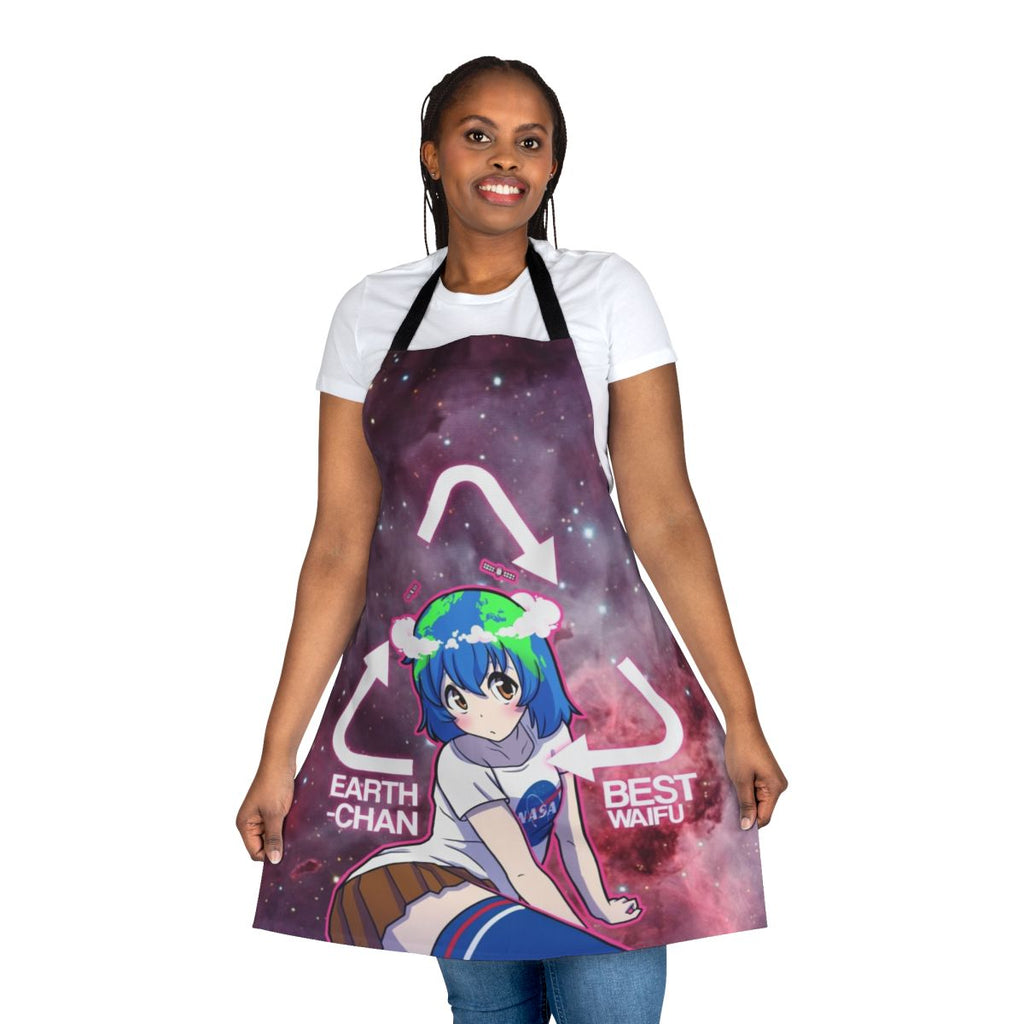 Cute anime-inspired apron featuring an earth-themed design for eco-conscious cooking and baking