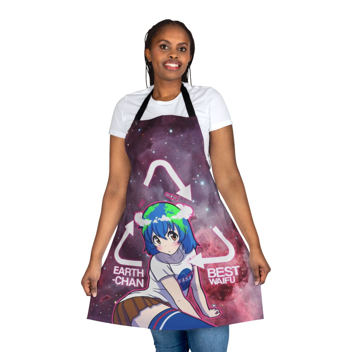 Cute anime-inspired apron featuring an earth-themed design for eco-conscious cooking and baking