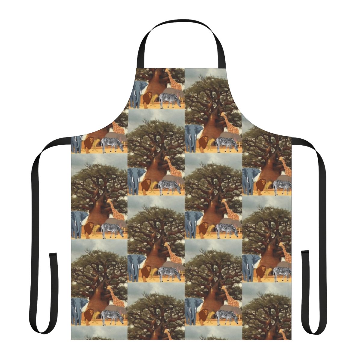 Vibrant apron featuring a baobab tree with various wild animals