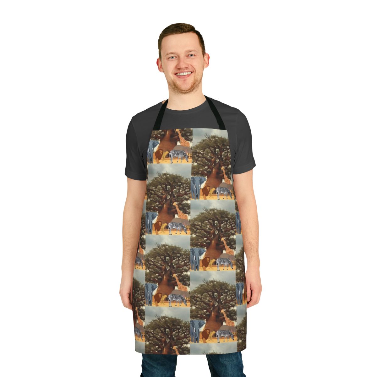 Vibrant apron featuring a baobab tree with various wild animals