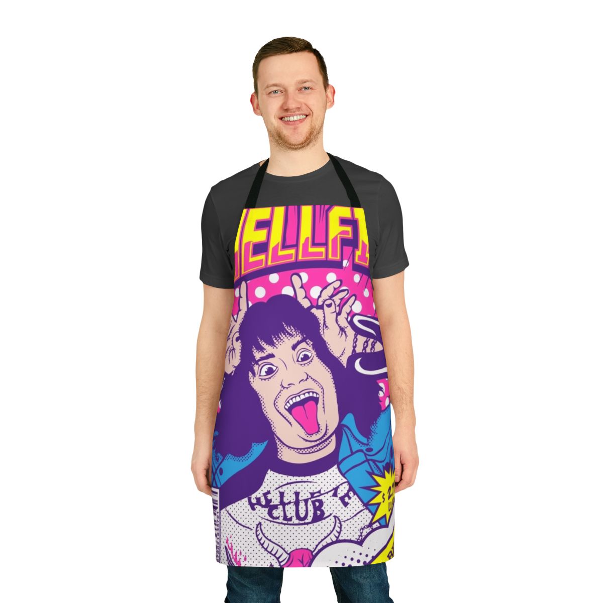 "Stylish apron featuring a custom design inspired by the character Eddie Munson from the hit TV show Stranger Things"