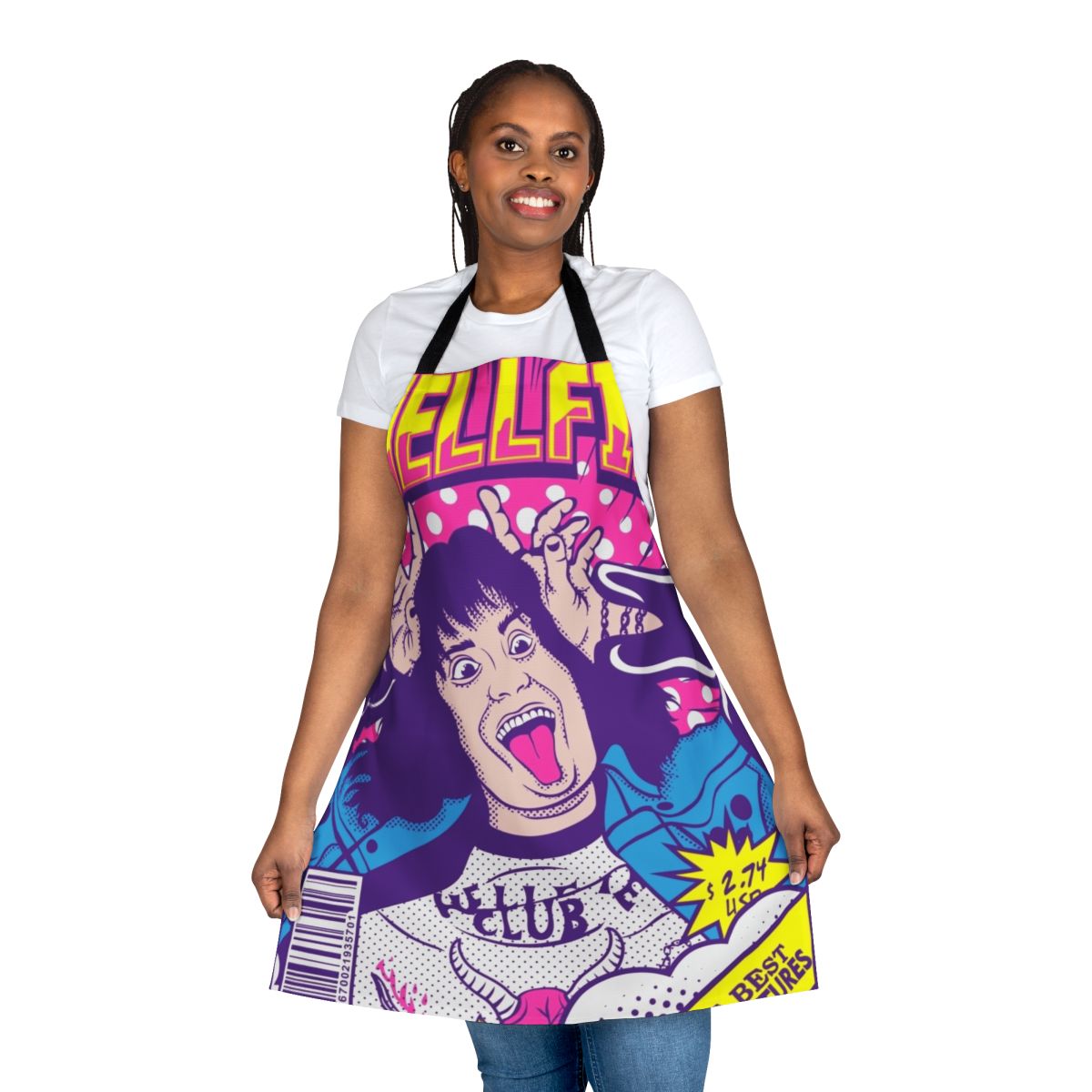 "Stylish apron featuring a custom design inspired by the character Eddie Munson from the hit TV show Stranger Things"