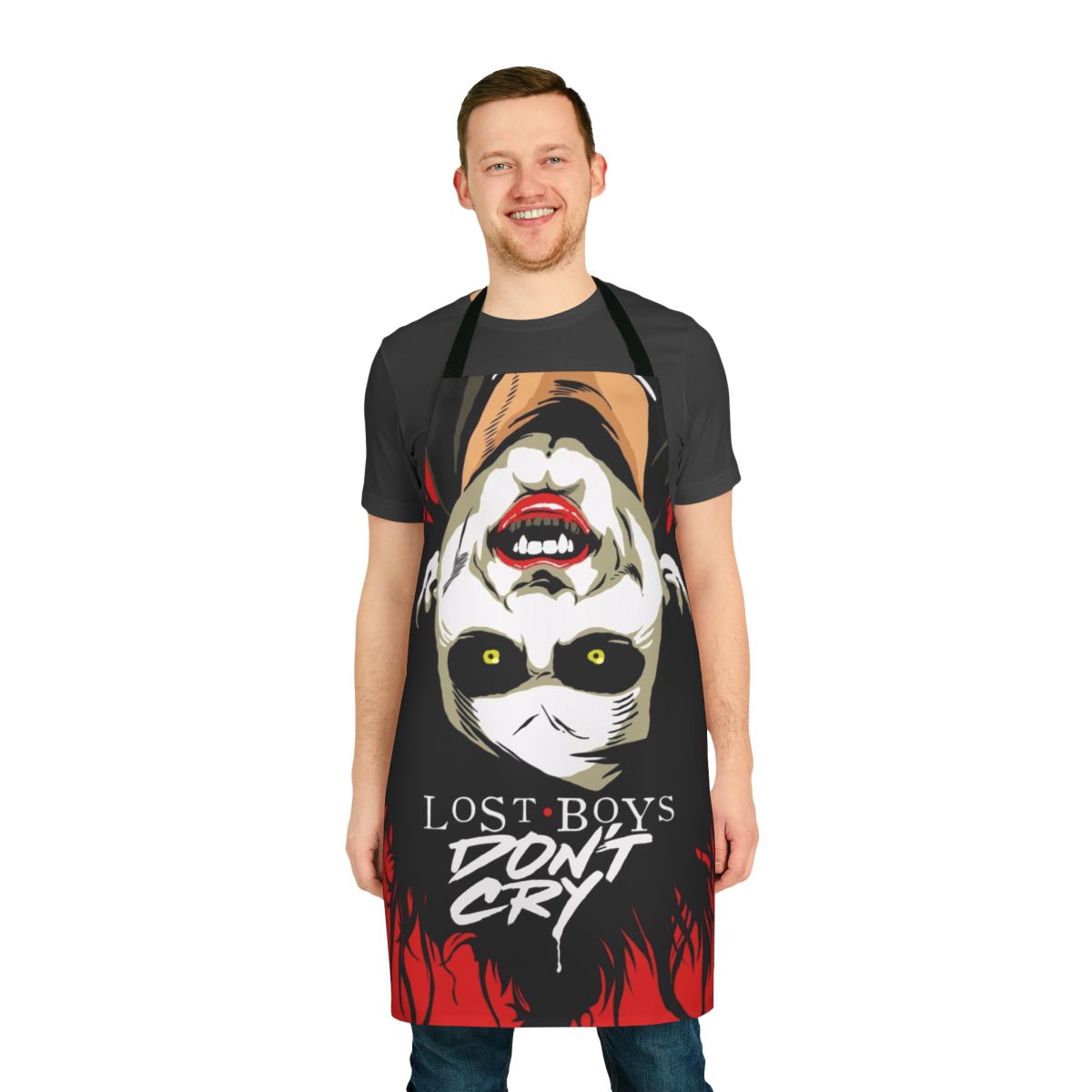 A black apron with a "Cry Boys" design, perfect for goth and horror fans.