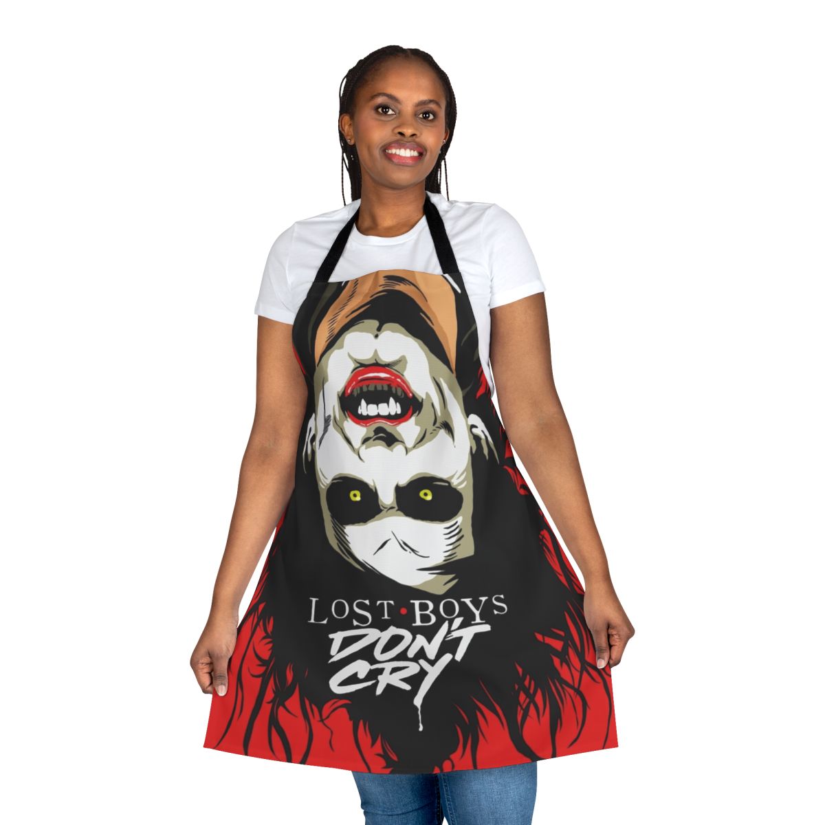 A black apron with a "Cry Boys" design, perfect for goth and horror fans.