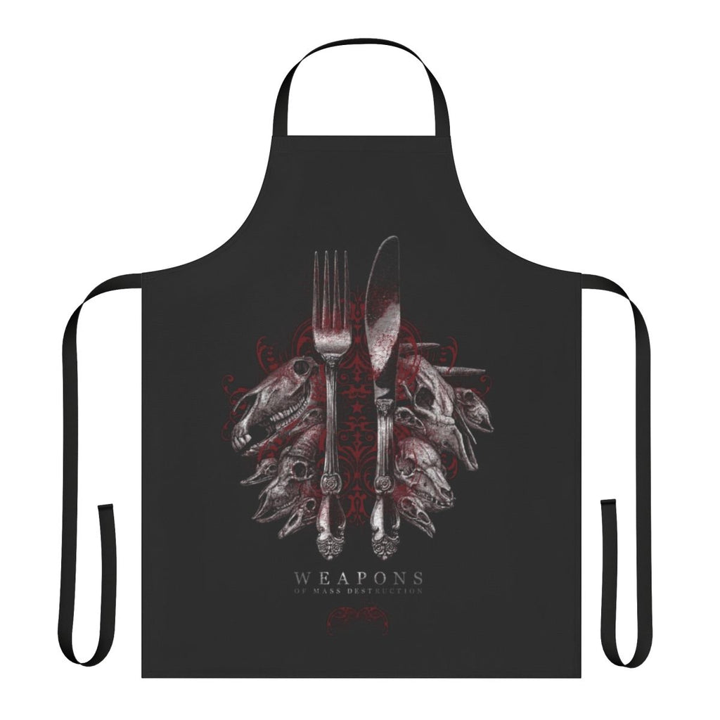Edgy dark apron with knives, forks, and skulls design for political activists and protesters