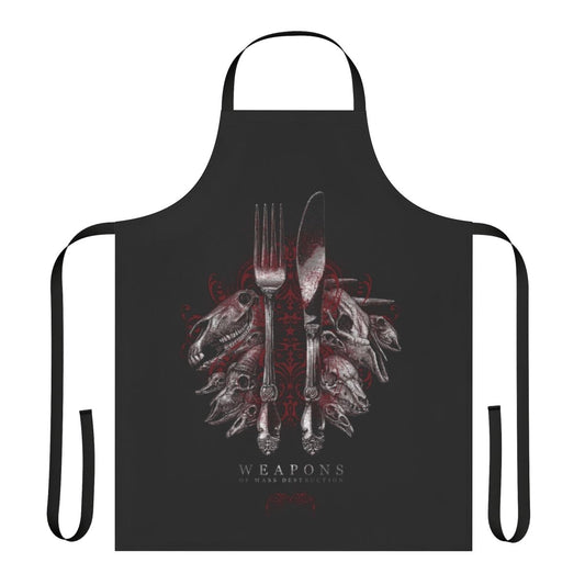 Edgy dark apron with knives, forks, and skulls design for political activists and protesters