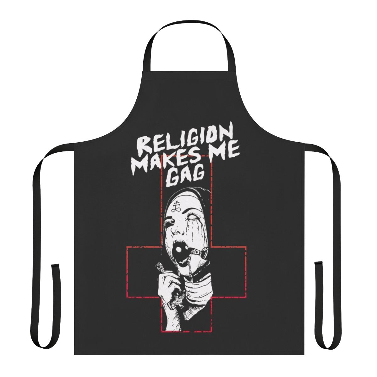 Edgy gothic cross apron with a rebellious "Religion Makes Me Gag" design