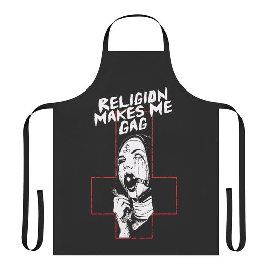 Edgy gothic cross apron with a rebellious "Religion Makes Me Gag" design