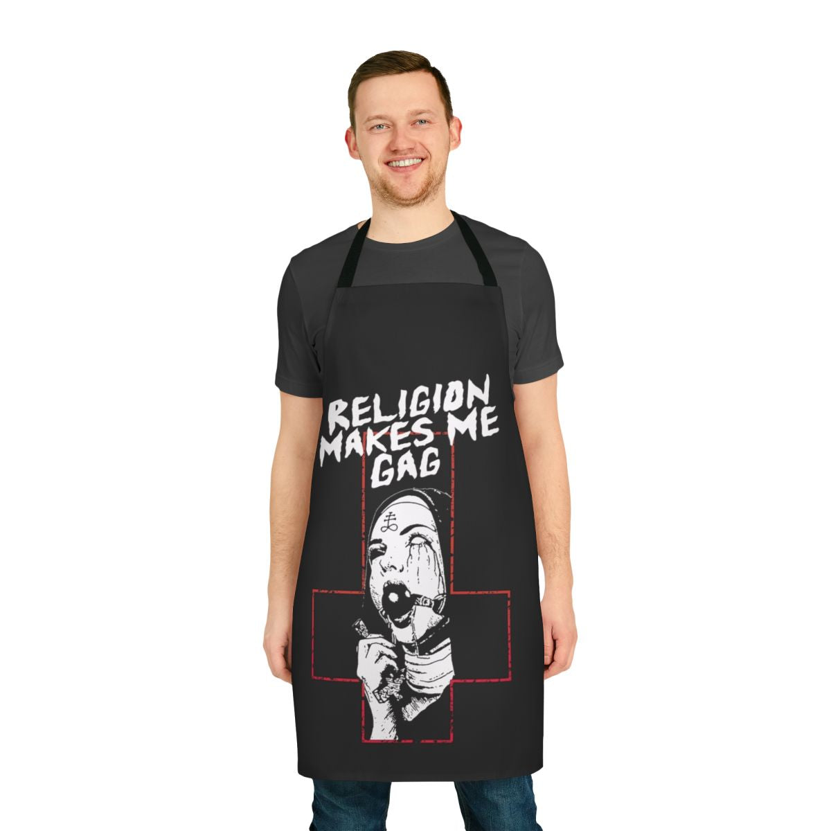 Edgy gothic cross apron with a rebellious "Religion Makes Me Gag" design