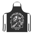 Apron featuring a Lionheart-inspired metal music design with a skull, scythe, and lantern