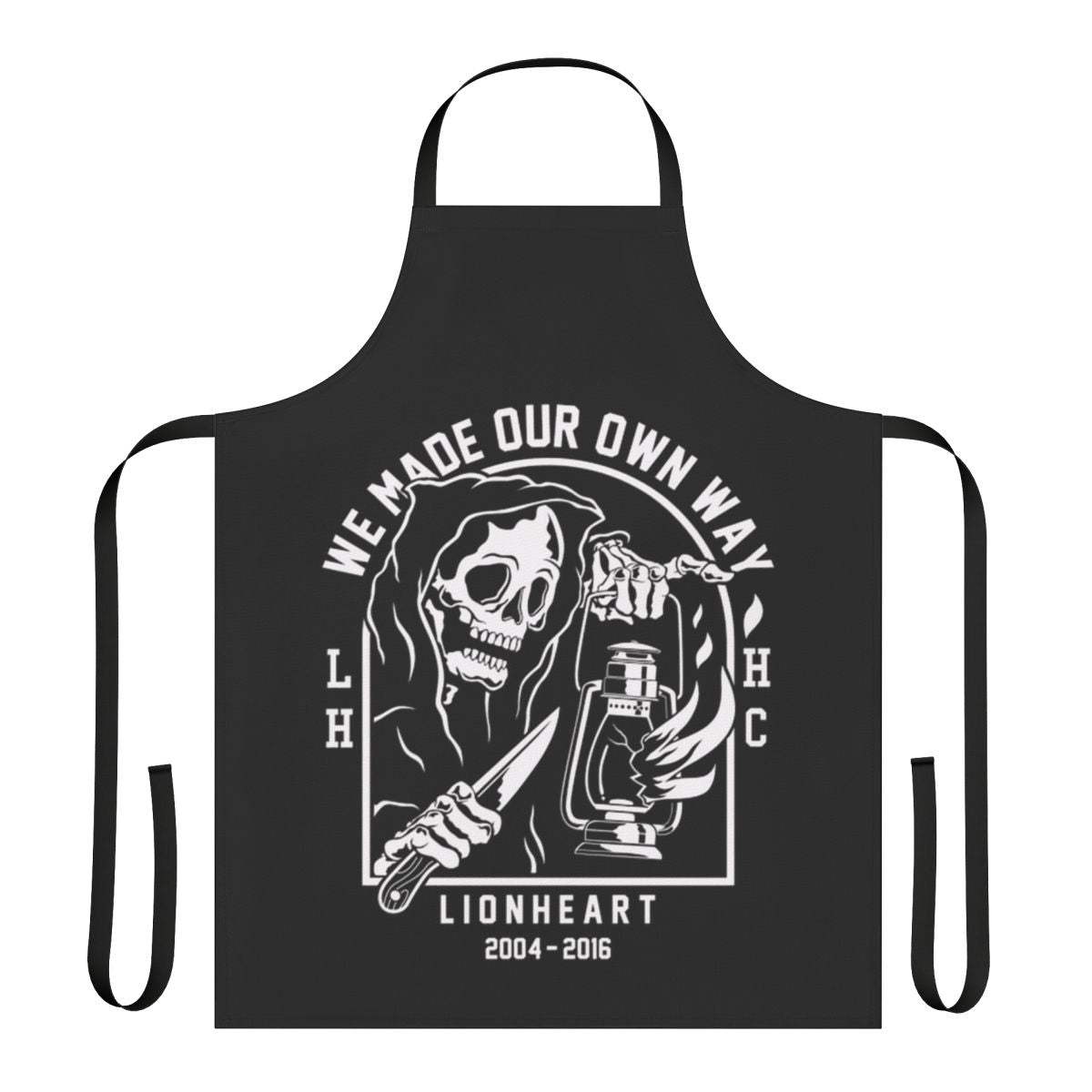Apron featuring a Lionheart-inspired metal music design with a skull, scythe, and lantern