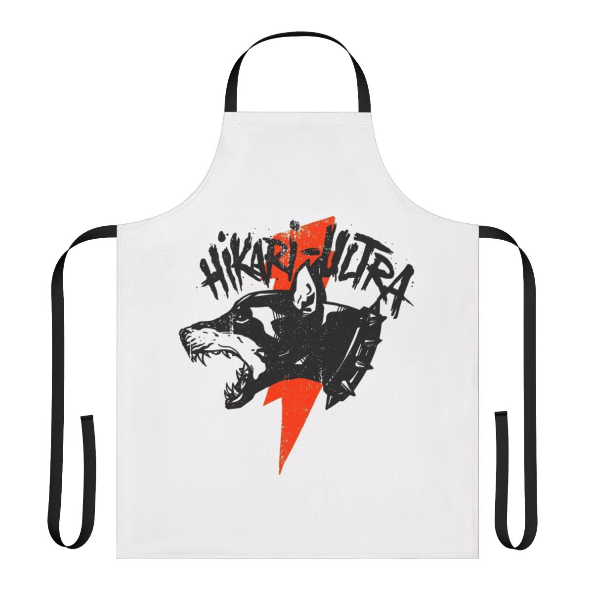 Red grunge-style apron with lightning bolt design, perfect for music fans and home cooks