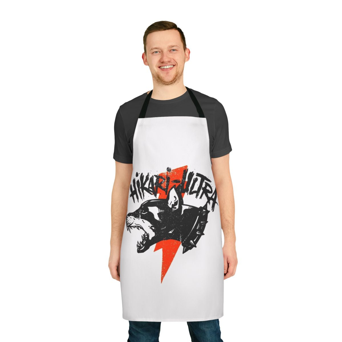 Red grunge-style apron with lightning bolt design, perfect for music fans and home cooks