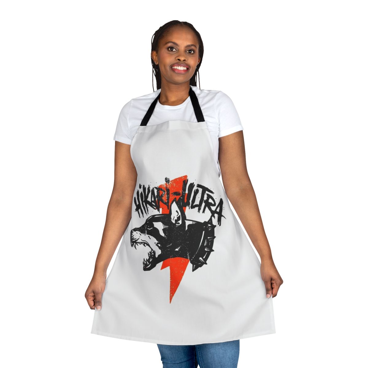 Red grunge-style apron with lightning bolt design, perfect for music fans and home cooks