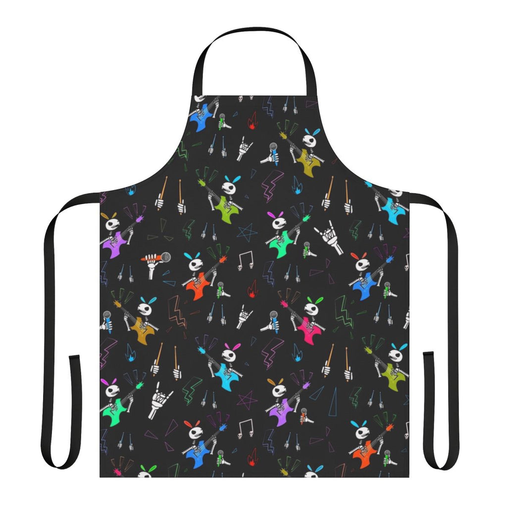 Edgy rock bunny apron with a punk metal bunny design featuring a skeleton, guitar, and bass guitar.