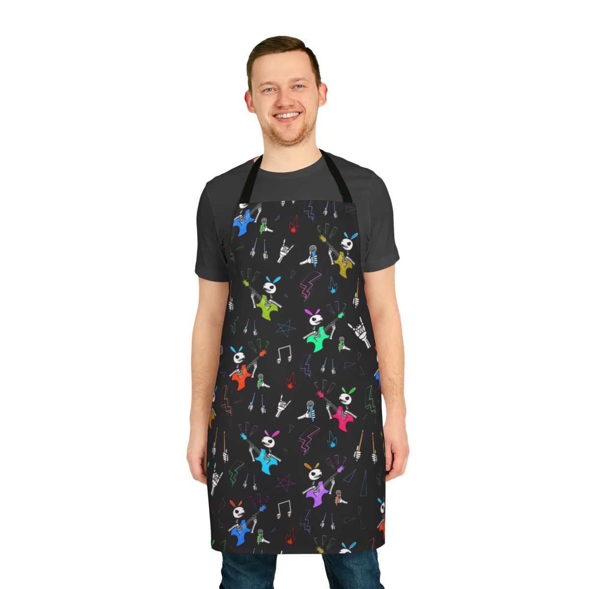 Edgy rock bunny apron with a punk metal bunny design featuring a skeleton, guitar, and bass guitar.