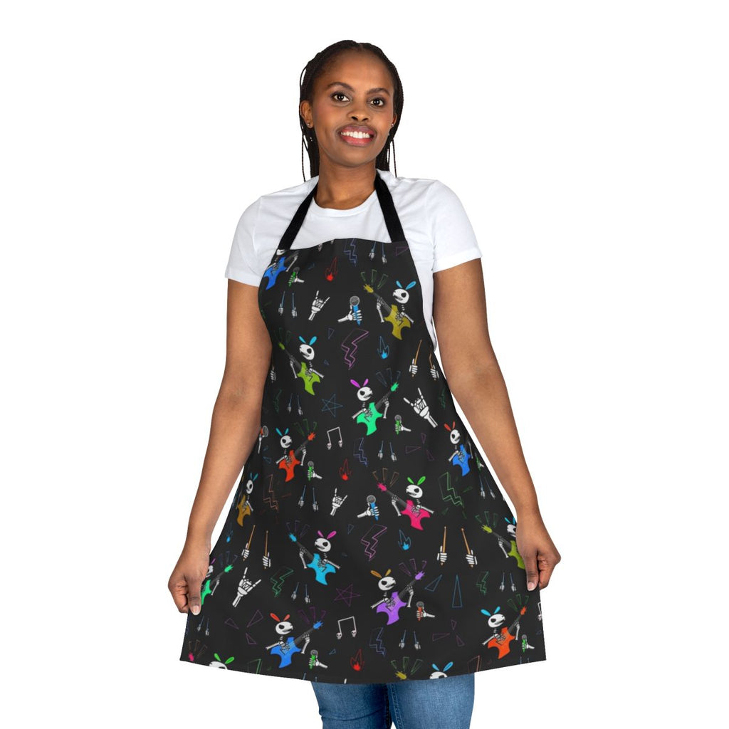 Edgy rock bunny apron with a punk metal bunny design featuring a skeleton, guitar, and bass guitar.