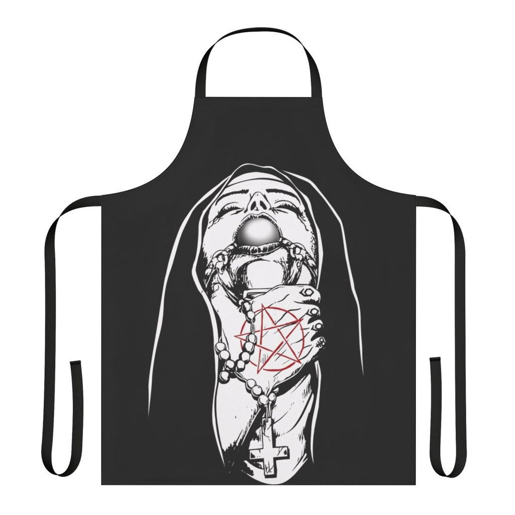 Stylish apron featuring a gothic, satanic nun design with a pentagram and the number 666.