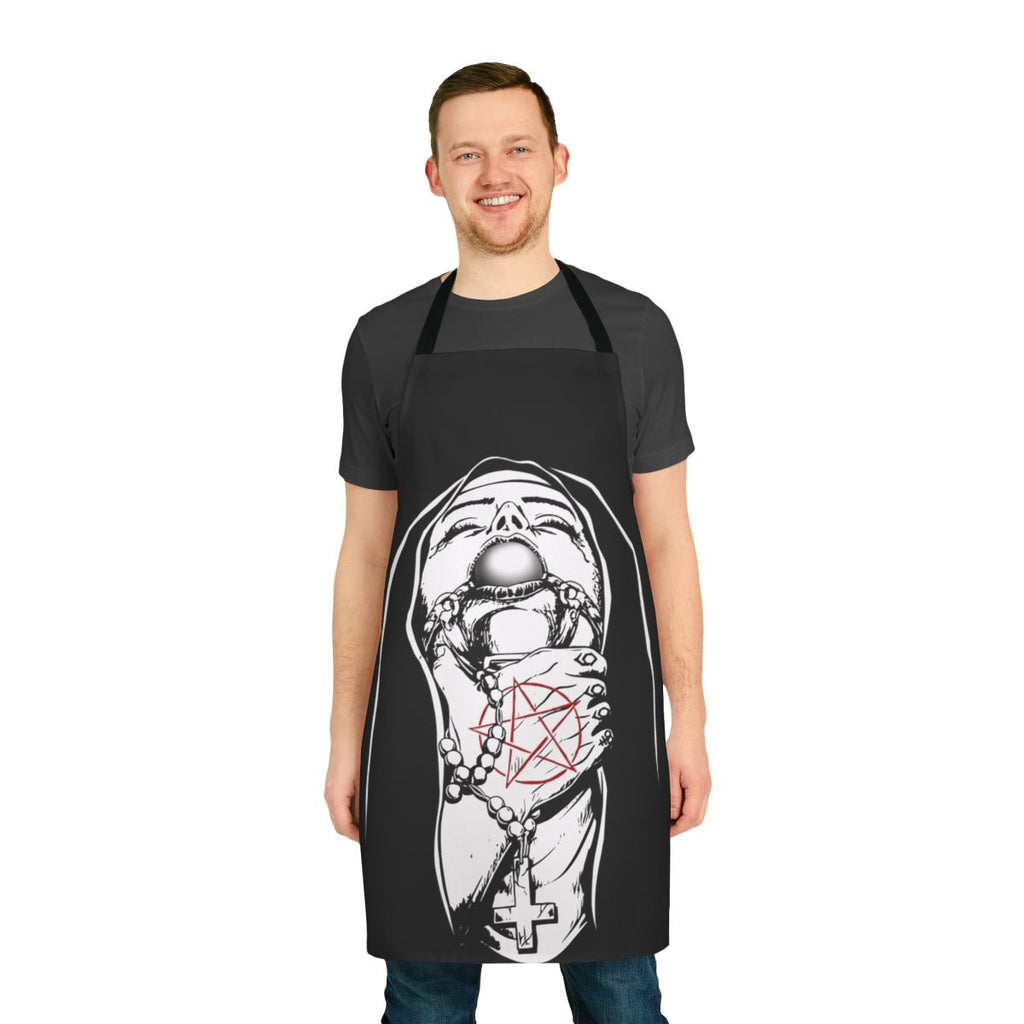 Stylish apron featuring a gothic, satanic nun design with a pentagram and the number 666.