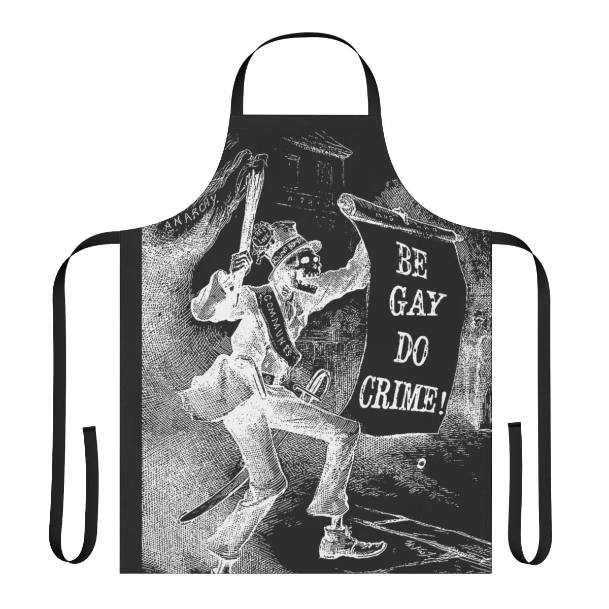 Stylish black skeleton apron with bold, subversive design