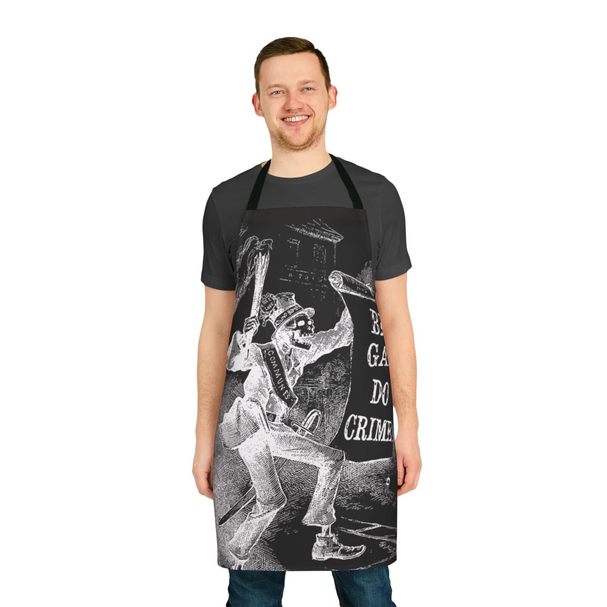 Stylish black skeleton apron with bold, subversive design