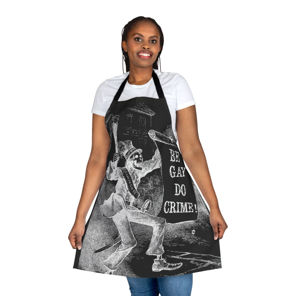 Stylish black skeleton apron with bold, subversive design
