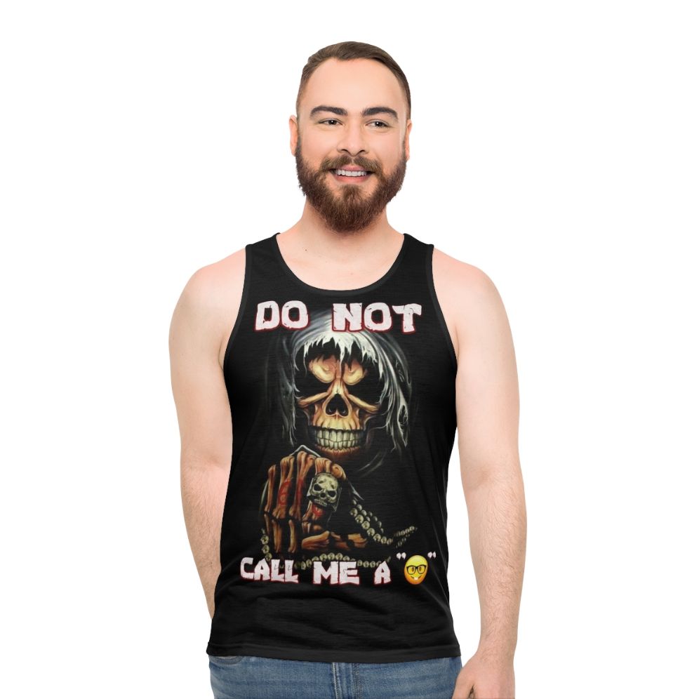 Edgy skull design tank top with meme-inspired text