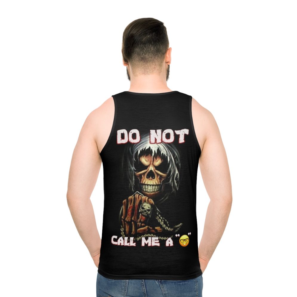 Edgy skull design tank top with meme-inspired text