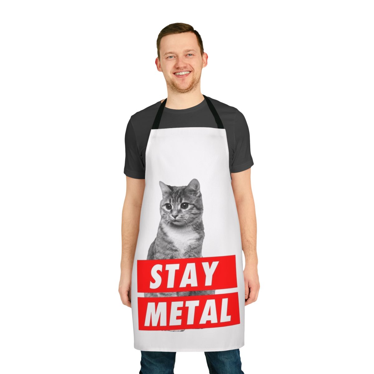 Stay metal inspired apron with heavy metal, nicolas cage, and horror themes